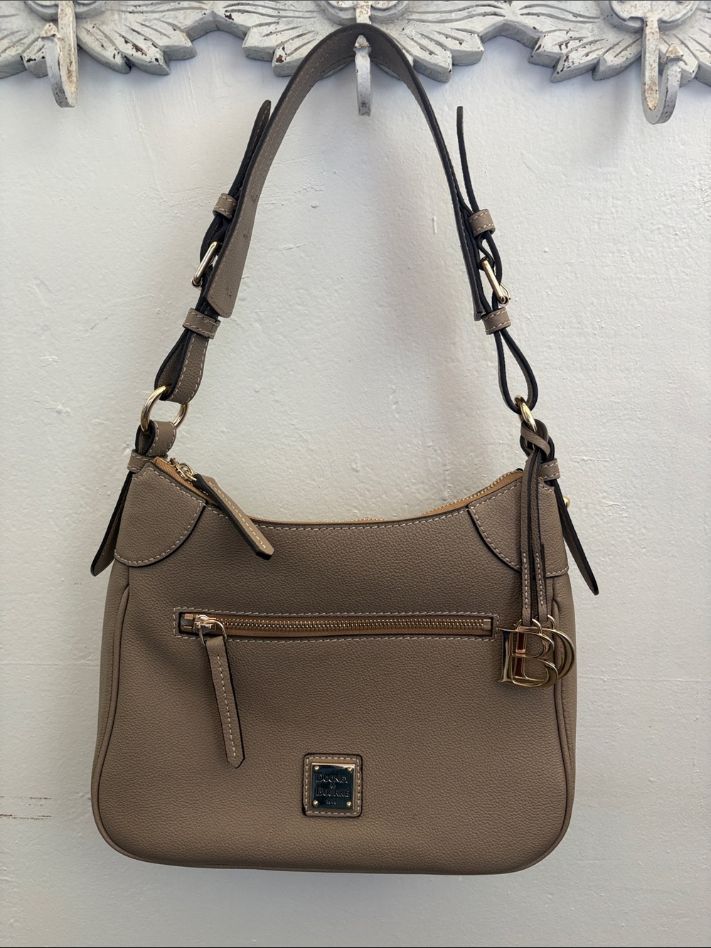 Dooney & Bourke Taupe Pebble Leather Hobo Shoulder Bag with Gold Hardware